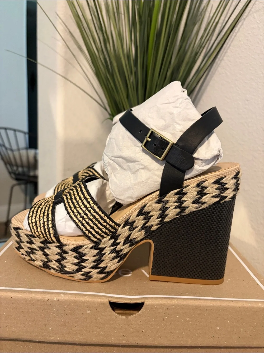 Dolce Vita Black and Natural Woven Platform Wedges